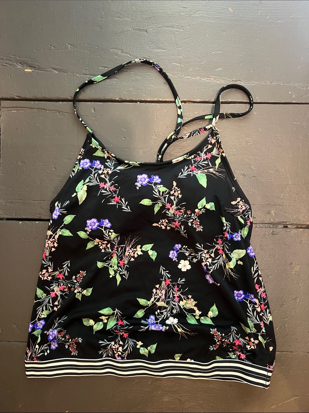 Athleta Black Floral Strappy Swim Tank with Stripe Hem